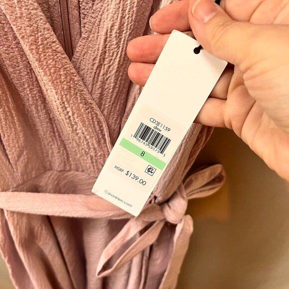 Sleeveless Calvin Klein Dress Womens Size 8 Pink Textured Belted Wrap Midi New W - Picture 3 of 10